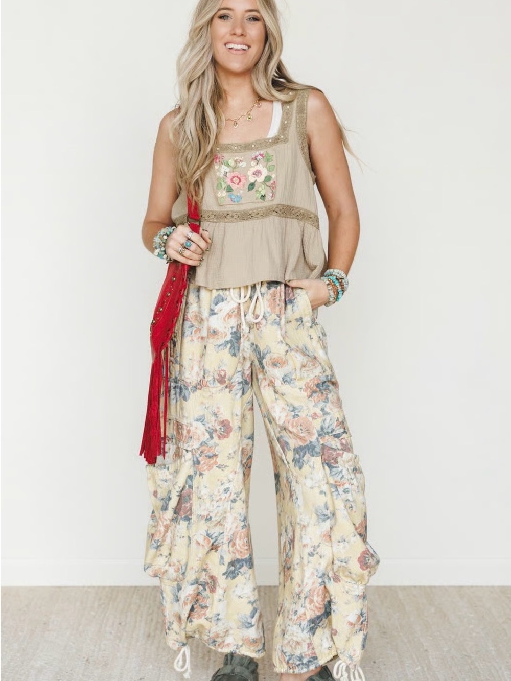Three Bird Nest Cream Floral Wide-Leg Pants